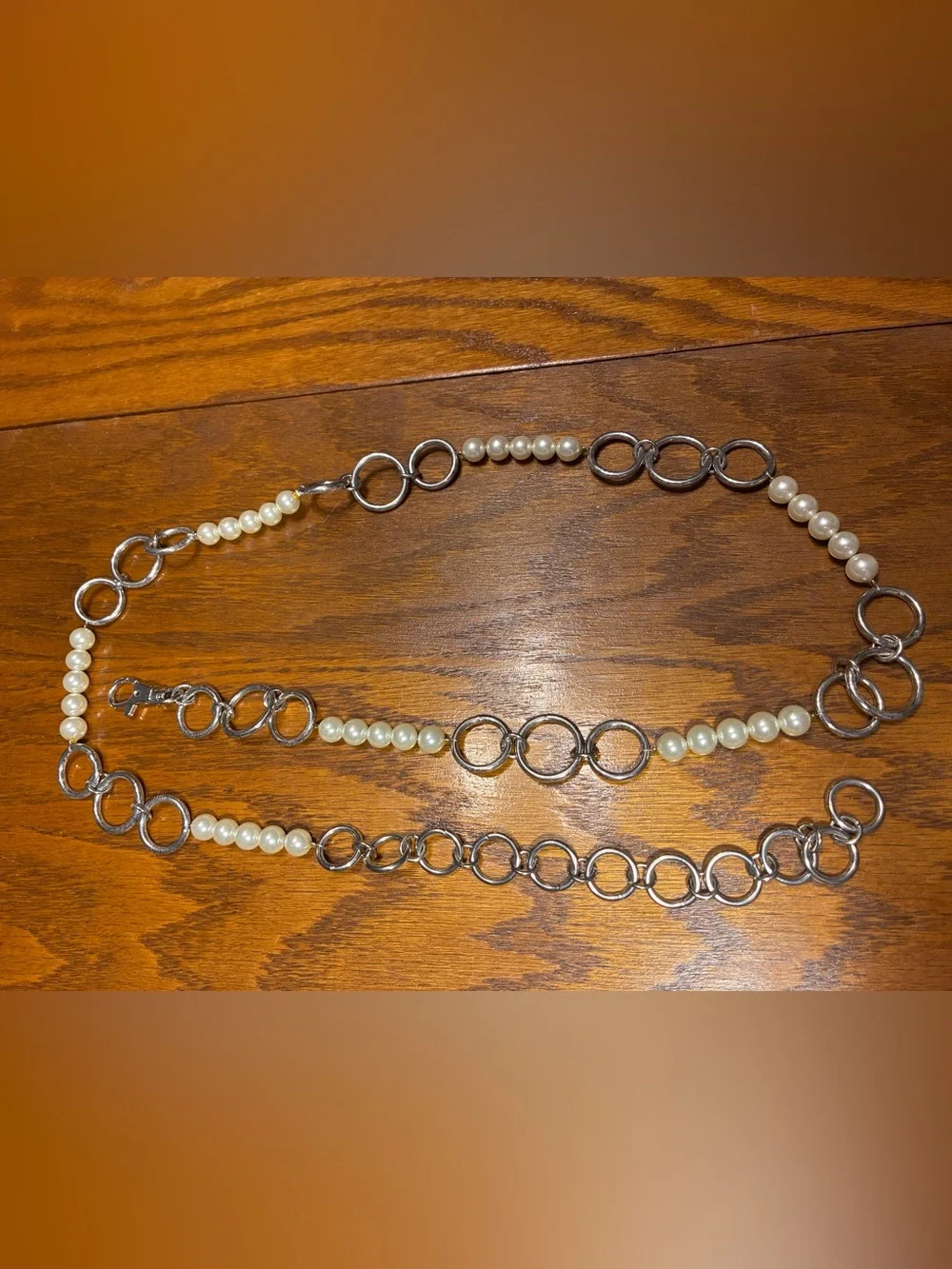 Y2K Vintage Pearl Silver Circle Link Chain Belt Adjustable 44.75”